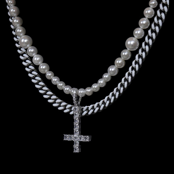 ST PETER CROSS PEARL CUBAN CHAIN BUNDLE